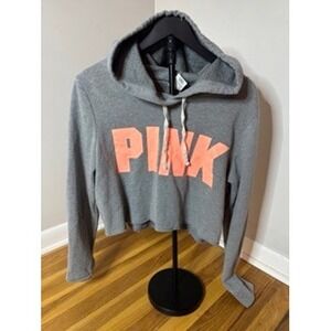 Y2K PINK Victoria's Secret Gray Cropped Hoodie Sweatshirt Coral Logo Wome